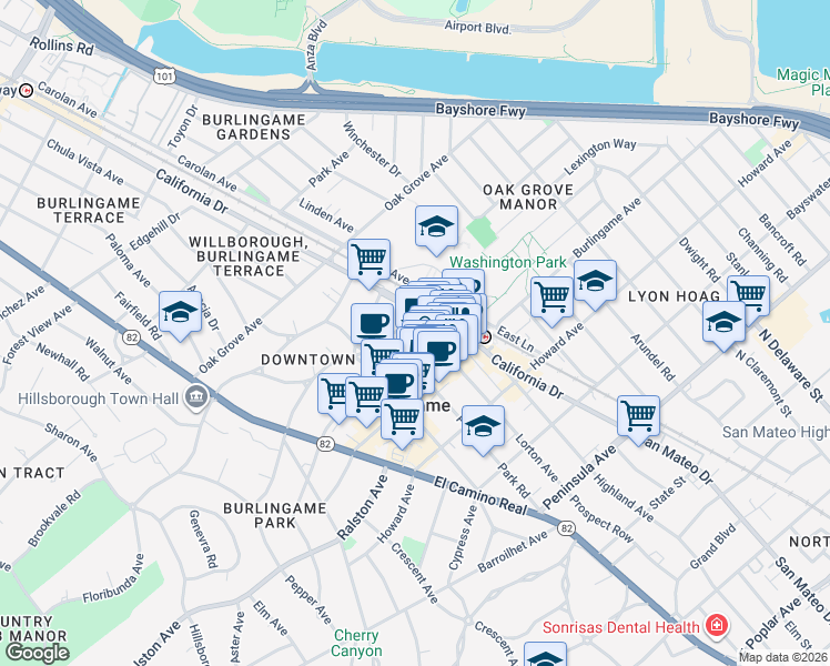 map of restaurants, bars, coffee shops, grocery stores, and more near 1210 Donnelly Avenue in Burlingame