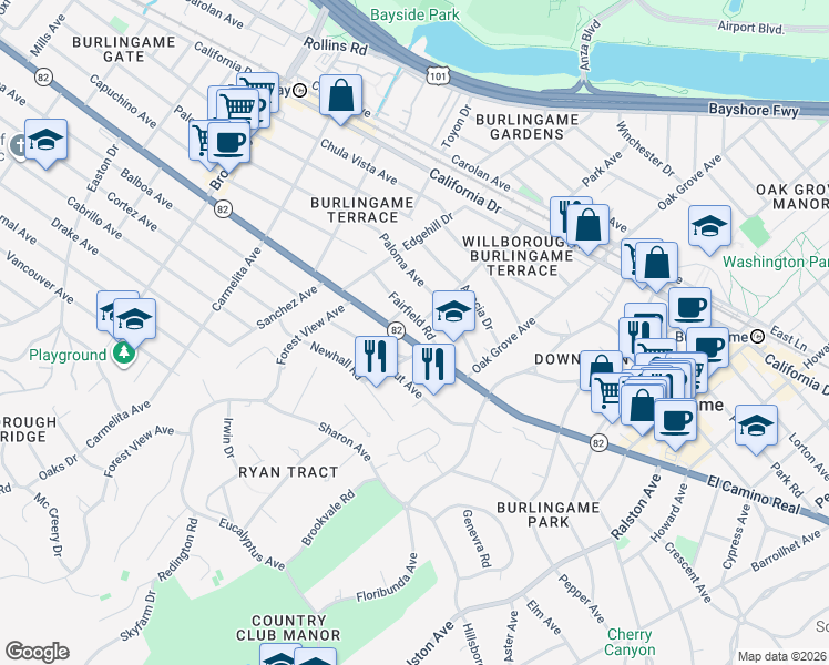 map of restaurants, bars, coffee shops, grocery stores, and more near 789 El Camino Real in Burlingame