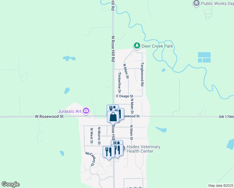 map of restaurants, bars, coffee shops, grocery stores, and more near 123 East Osage Street in Rose Hill