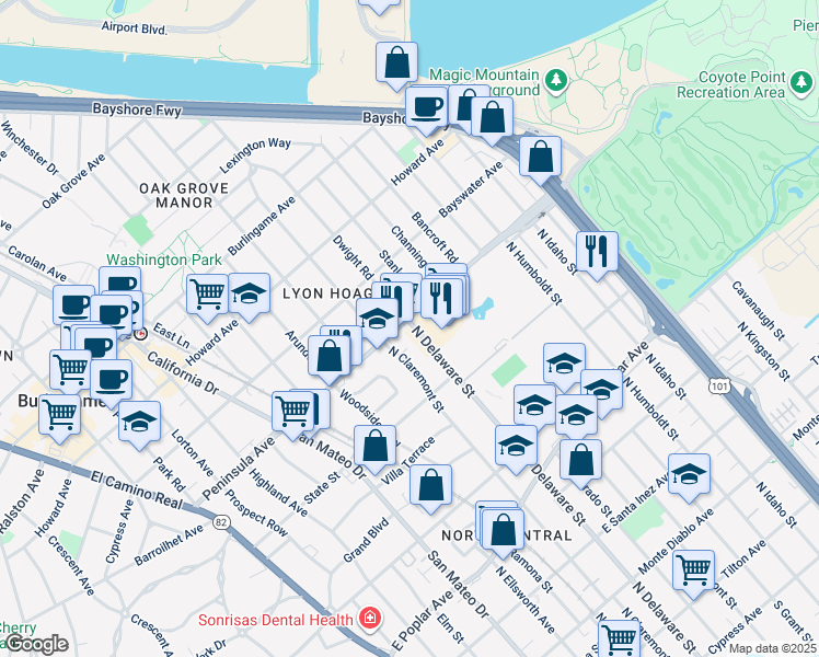 map of restaurants, bars, coffee shops, grocery stores, and more near 831-833 North Delaware Street in San Mateo