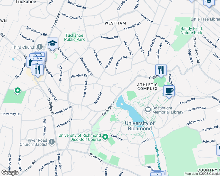 map of restaurants, bars, coffee shops, grocery stores, and more near 6805 Lakewood Drive in Richmond