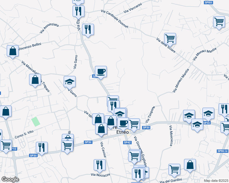 map of restaurants, bars, coffee shops, grocery stores, and more near 390 Via Etnea in Tremestieri Etneo