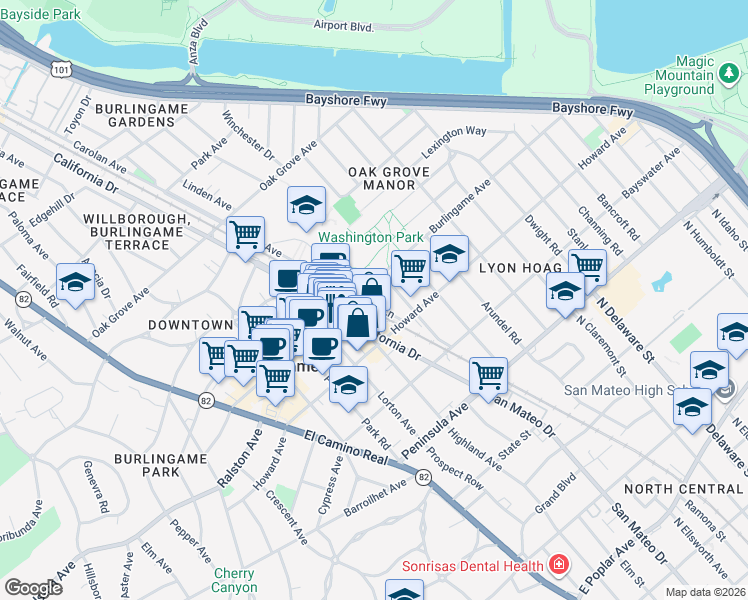 map of restaurants, bars, coffee shops, grocery stores, and more near in Burlingame