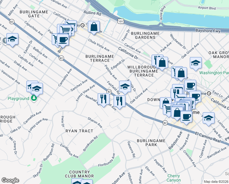 map of restaurants, bars, coffee shops, grocery stores, and more near 733 Fairfield Road in Burlingame