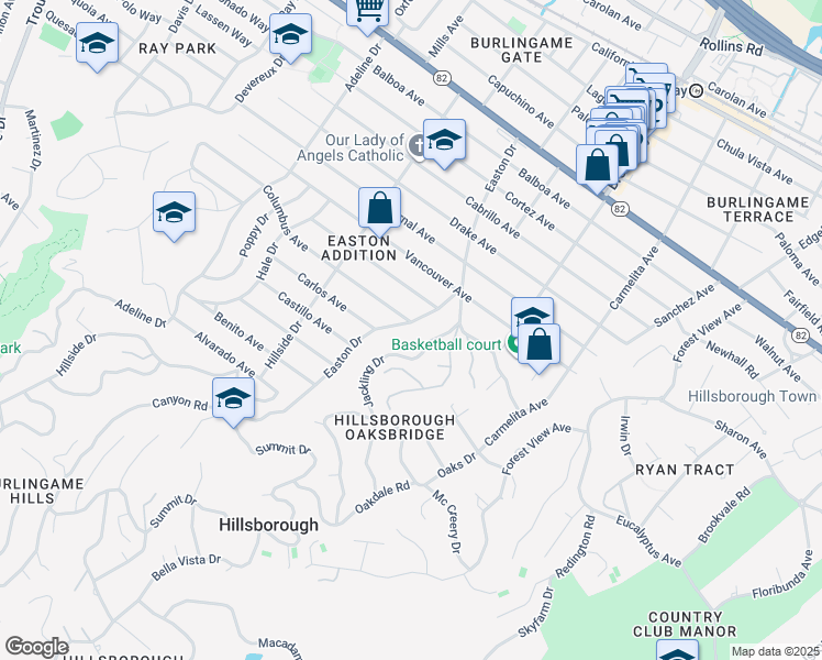 map of restaurants, bars, coffee shops, grocery stores, and more near 2301 Easton Drive in Burlingame