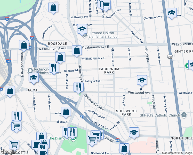 map of restaurants, bars, coffee shops, grocery stores, and more near 1600 Palmyra Avenue in Richmond