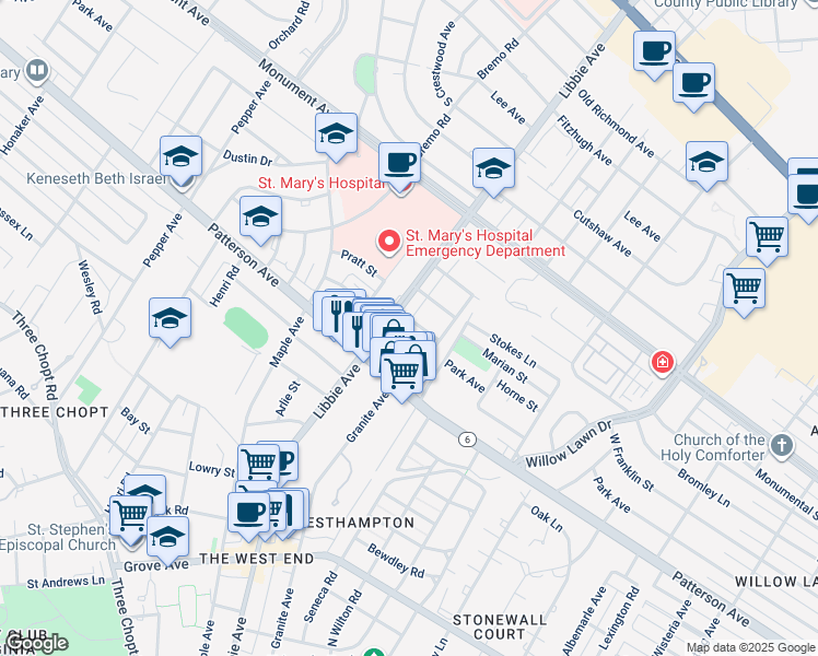 map of restaurants, bars, coffee shops, grocery stores, and more near 5711 West Franklin Street in Richmond