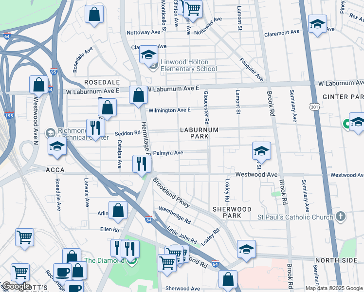 map of restaurants, bars, coffee shops, grocery stores, and more near 1514 Palmyra Avenue in Richmond