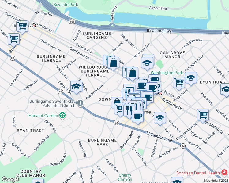 map of restaurants, bars, coffee shops, grocery stores, and more near 1403 Floribunda Avenue in Burlingame