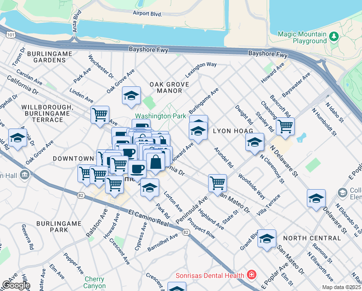 map of restaurants, bars, coffee shops, grocery stores, and more near 212 East Lane in Burlingame