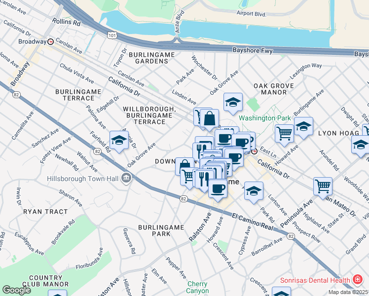 map of restaurants, bars, coffee shops, grocery stores, and more near in Burlingame