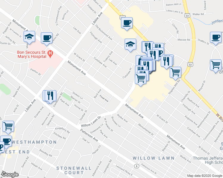 map of restaurants, bars, coffee shops, grocery stores, and more near 5217 Monument Avenue in Richmond
