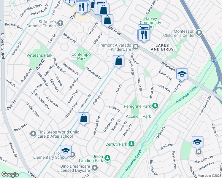 map of restaurants, bars, coffee shops, grocery stores, and more near 32738 Fullerton Court in Union City