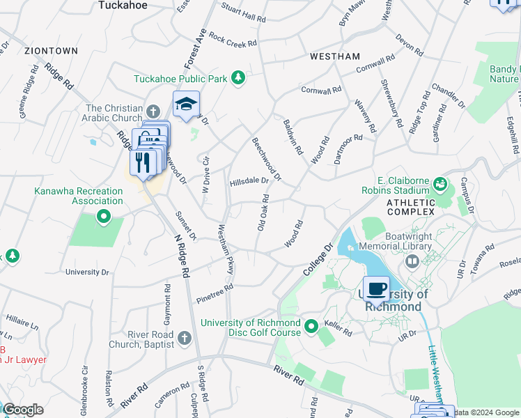 map of restaurants, bars, coffee shops, grocery stores, and more near 7101 Lakewood Drive in Richmond