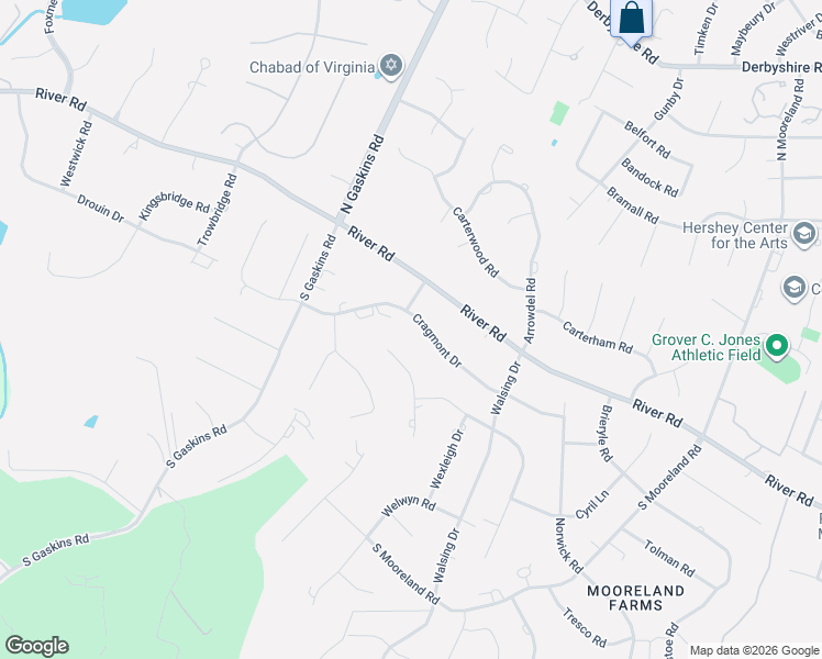 map of restaurants, bars, coffee shops, grocery stores, and more near 103 North Erlwood Court in Richmond