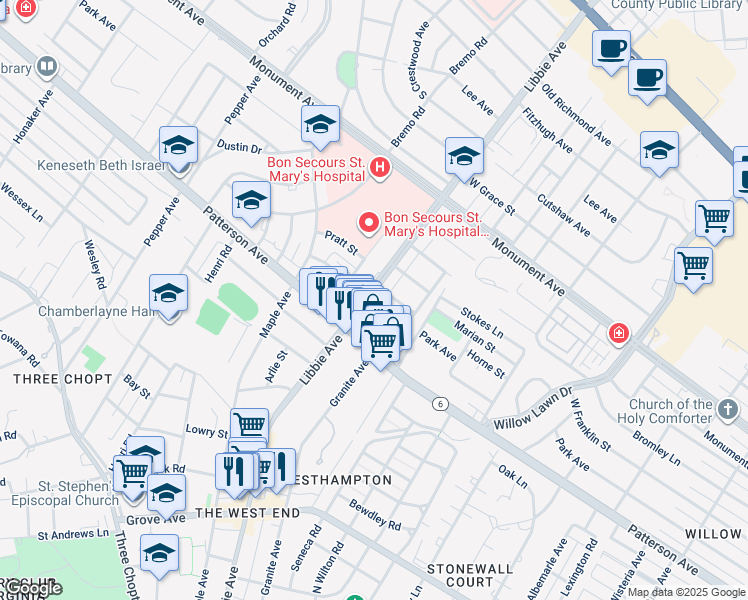map of restaurants, bars, coffee shops, grocery stores, and more near 903 Libbie Avenue in Richmond