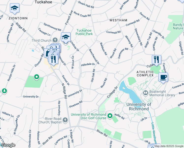 map of restaurants, bars, coffee shops, grocery stores, and more near 7101 Lakewood Drive in Richmond
