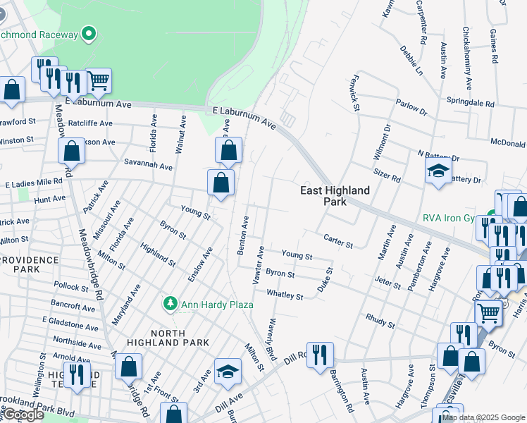 map of restaurants, bars, coffee shops, grocery stores, and more near 3722 Vawter Avenue in Richmond