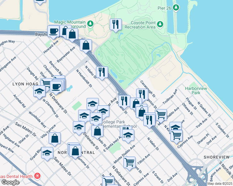 map of restaurants, bars, coffee shops, grocery stores, and more near 931 North Amphlett Boulevard in San Mateo