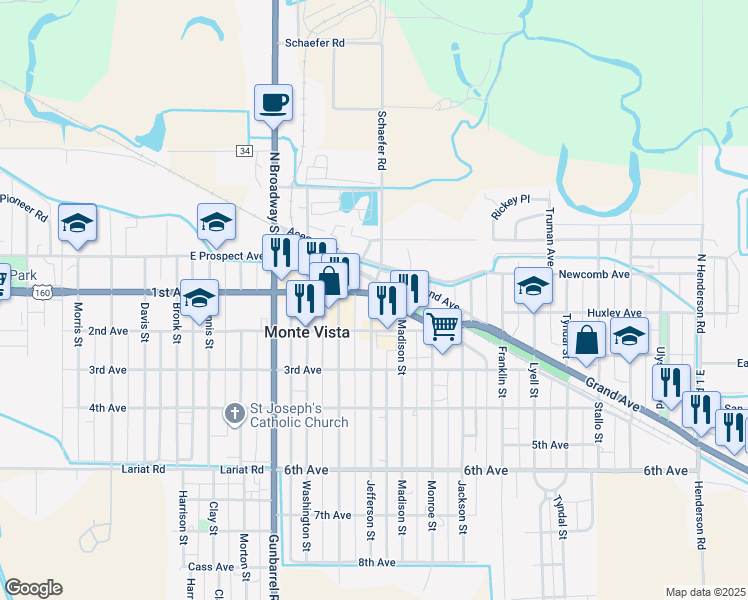 map of restaurants, bars, coffee shops, grocery stores, and more near 110 Jefferson Street in Monte Vista