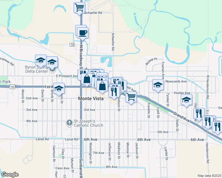 map of restaurants, bars, coffee shops, grocery stores, and more near 110 Jefferson Street in Monte Vista