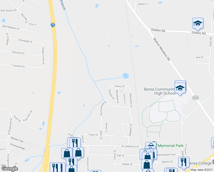 map of restaurants, bars, coffee shops, grocery stores, and more near 158 Henry Street in Berea