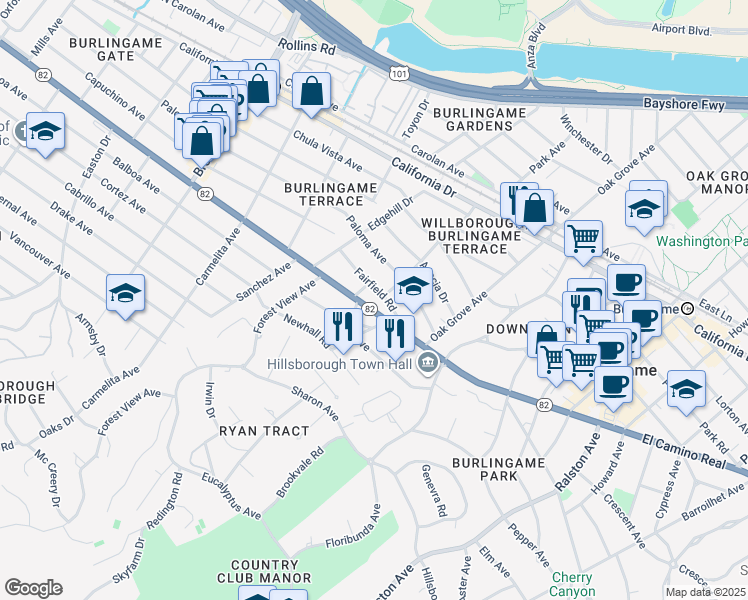 map of restaurants, bars, coffee shops, grocery stores, and more near 801 Fairfield Road in Burlingame