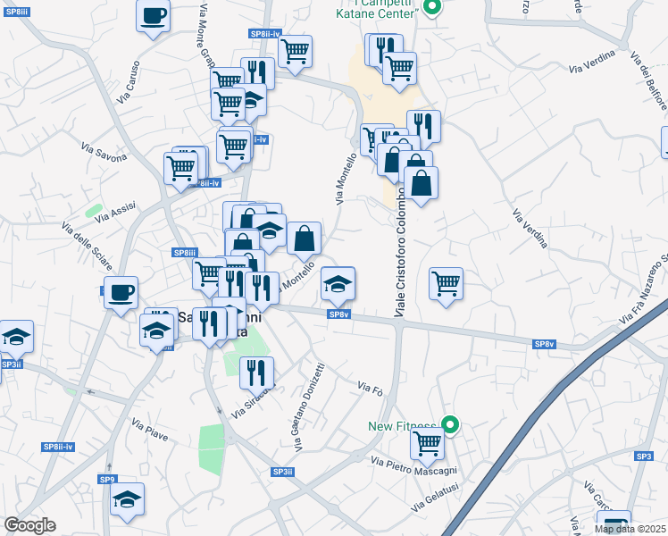map of restaurants, bars, coffee shops, grocery stores, and more near 33C Via Montello in San Giovanni La Punta