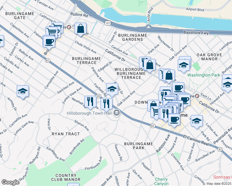 map of restaurants, bars, coffee shops, grocery stores, and more near 732 Paloma Avenue in Burlingame