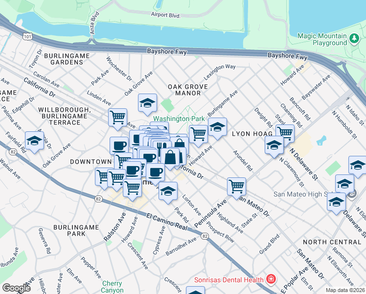 map of restaurants, bars, coffee shops, grocery stores, and more near 1098 Burlingame Avenue in Burlingame