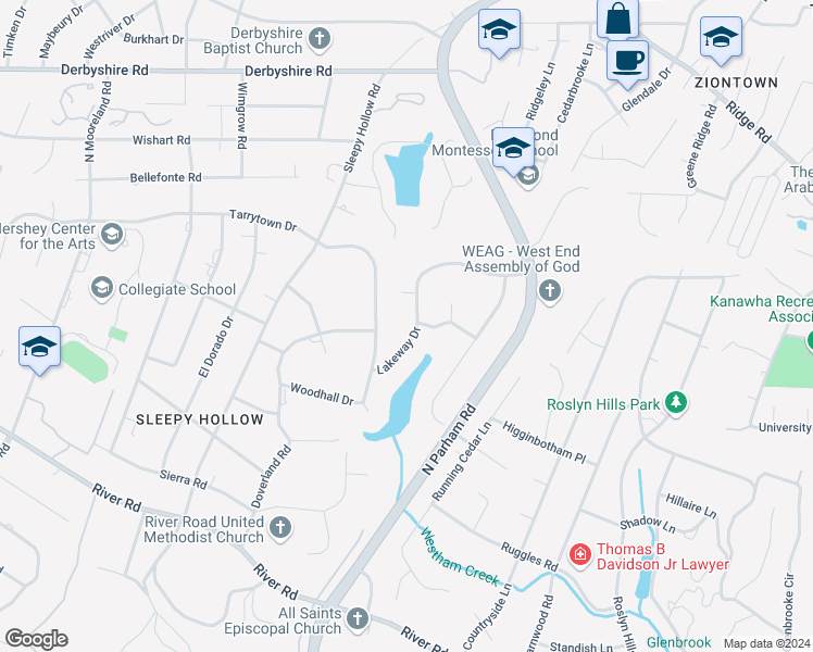 map of restaurants, bars, coffee shops, grocery stores, and more near 304 Lakeway Drive in Henrico