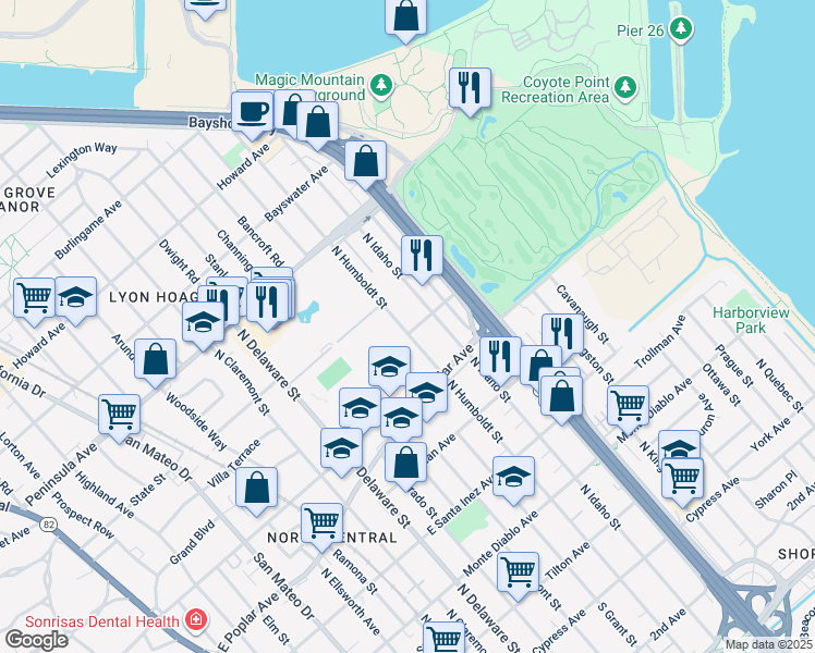 map of restaurants, bars, coffee shops, grocery stores, and more near 728 North Humboldt Street in San Mateo