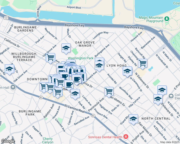 map of restaurants, bars, coffee shops, grocery stores, and more near 250 Myrtle Road in Burlingame