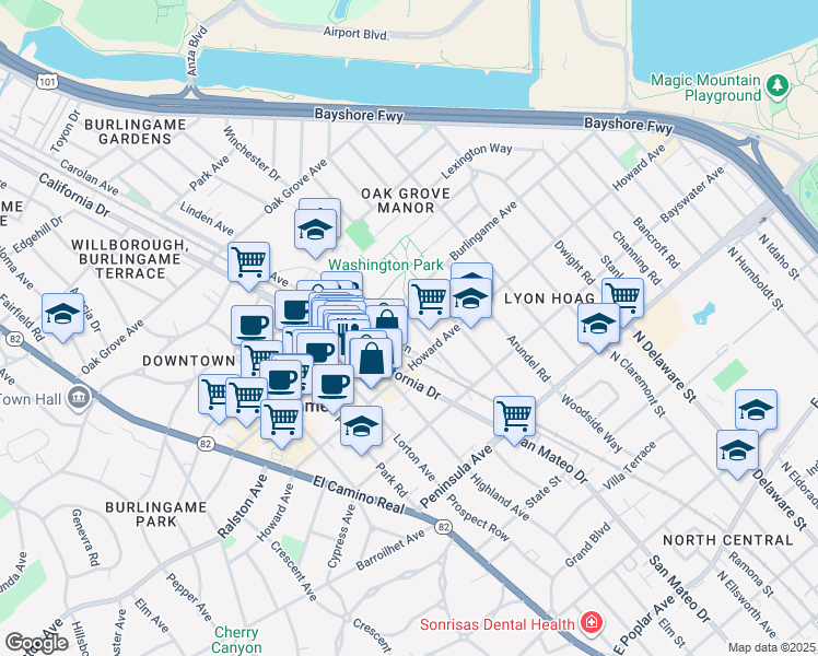map of restaurants, bars, coffee shops, grocery stores, and more near 250 Myrtle Road in Burlingame