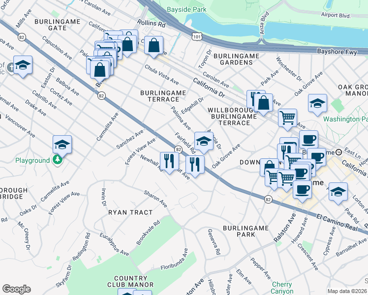 map of restaurants, bars, coffee shops, grocery stores, and more near 809 Paloma Avenue in Burlingame