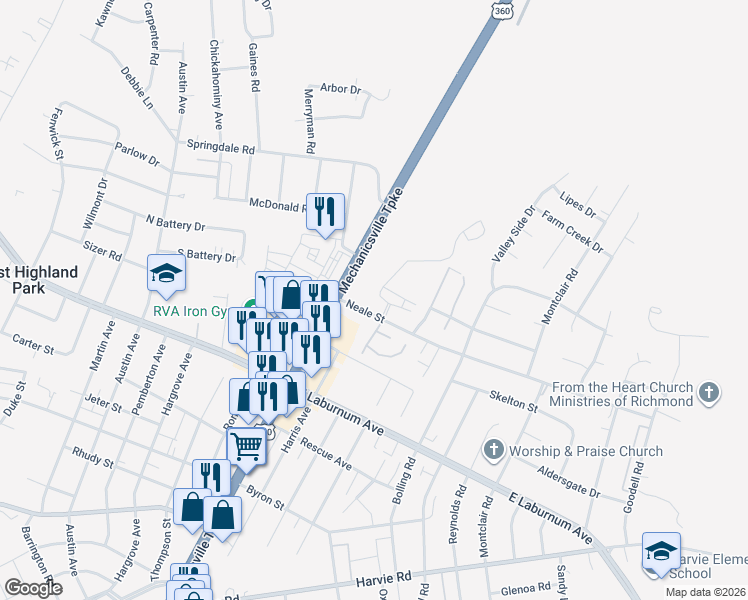 map of restaurants, bars, coffee shops, grocery stores, and more near 4101 Mechanicsville Turnpike in Richmond