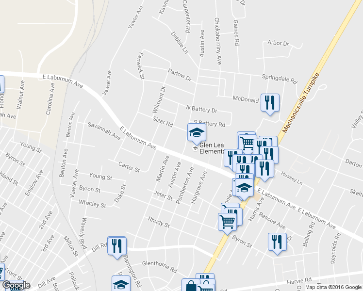 map of restaurants, bars, coffee shops, grocery stores, and more near 3916 Austin Avenue in Richmond
