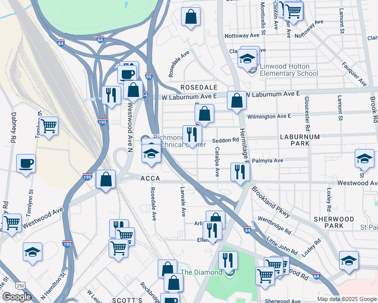 map of restaurants, bars, coffee shops, grocery stores, and more near 1901 Seddon Road in Richmond