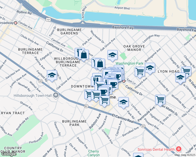 map of restaurants, bars, coffee shops, grocery stores, and more near 1133 Douglas Avenue in Burlingame