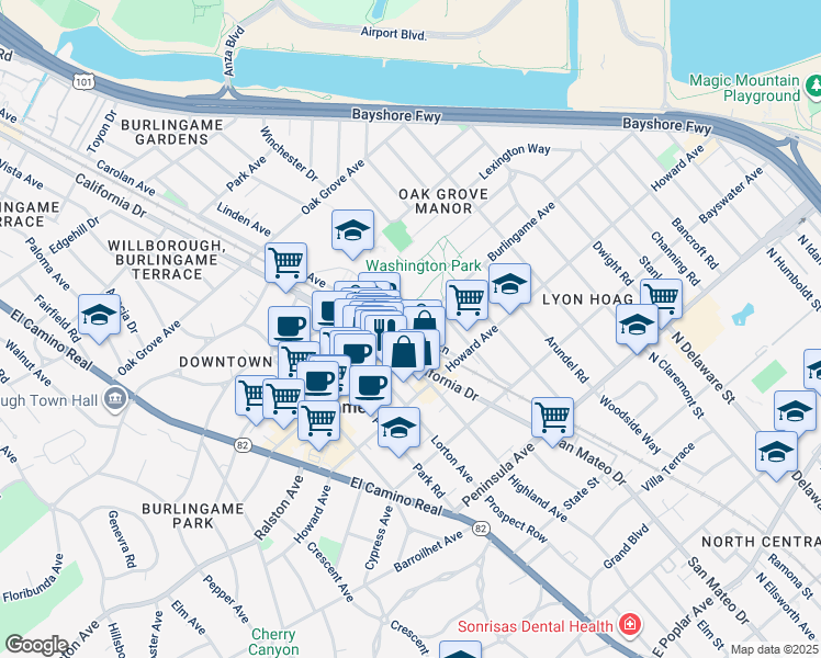 map of restaurants, bars, coffee shops, grocery stores, and more near 1098 Burlingame Avenue in Burlingame