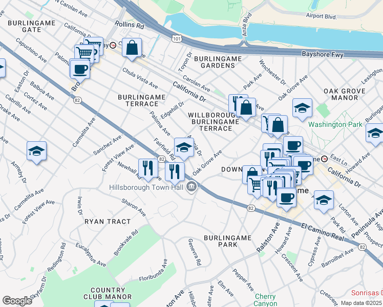 map of restaurants, bars, coffee shops, grocery stores, and more near 732 Paloma Avenue in Burlingame