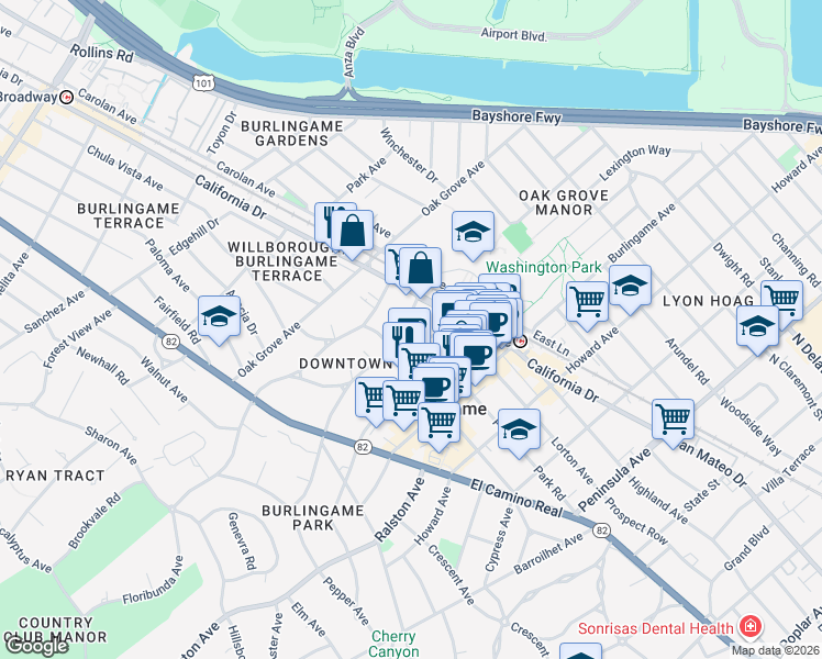 map of restaurants, bars, coffee shops, grocery stores, and more near 1133 Douglas Avenue in Burlingame