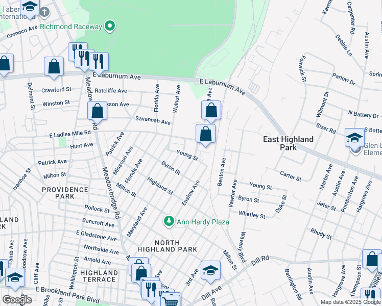 map of restaurants, bars, coffee shops, grocery stores, and more near 910 Young Street in Richmond