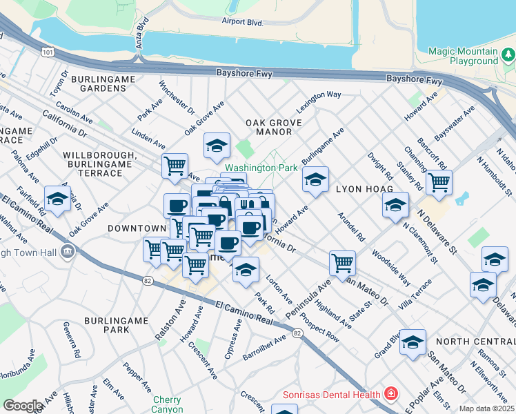map of restaurants, bars, coffee shops, grocery stores, and more near 1098 Burlingame Avenue in Burlingame