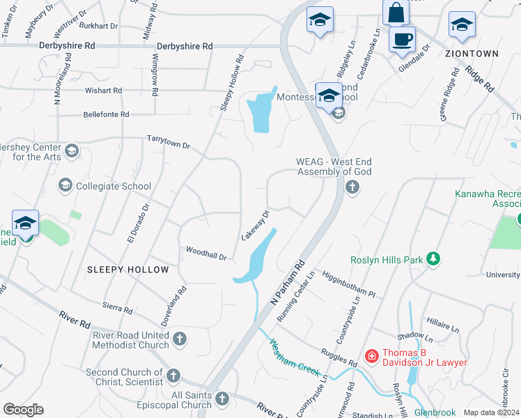 map of restaurants, bars, coffee shops, grocery stores, and more near 304 Lakeway Drive in Henrico