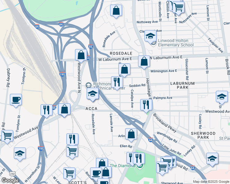 map of restaurants, bars, coffee shops, grocery stores, and more near 1901 Seddon Road in Richmond