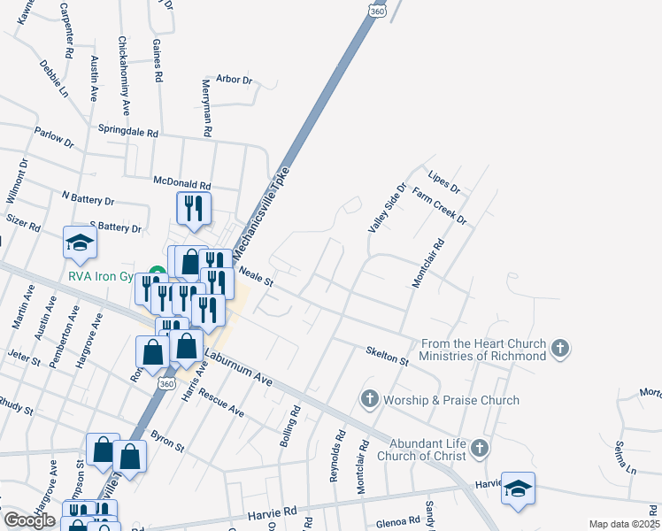 map of restaurants, bars, coffee shops, grocery stores, and more near 4008 Darton Court in Richmond