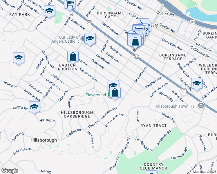map of restaurants, bars, coffee shops, grocery stores, and more near 2010 Broadway in Burlingame