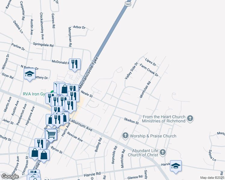 map of restaurants, bars, coffee shops, grocery stores, and more near 4008 Darton Court in Richmond
