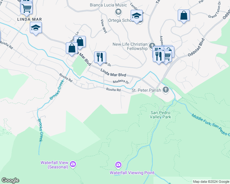 map of restaurants, bars, coffee shops, grocery stores, and more near 1468 Rosita Road in Pacifica